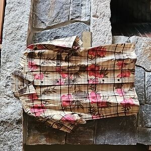 Orvis size large, floral tan, and red button-down floral shirt